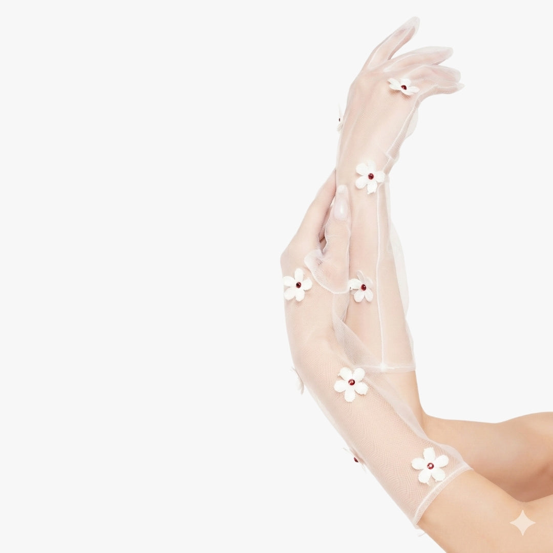 Snow Drop Gloves - White Floral Tulle Gloves