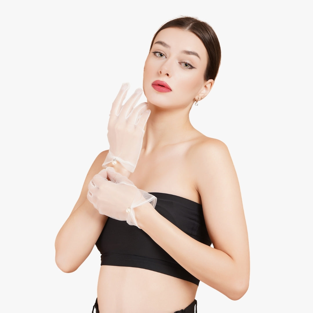 Totka minimalist white net gloves with pearls for birthdays, red carpet and modern Indian brides.