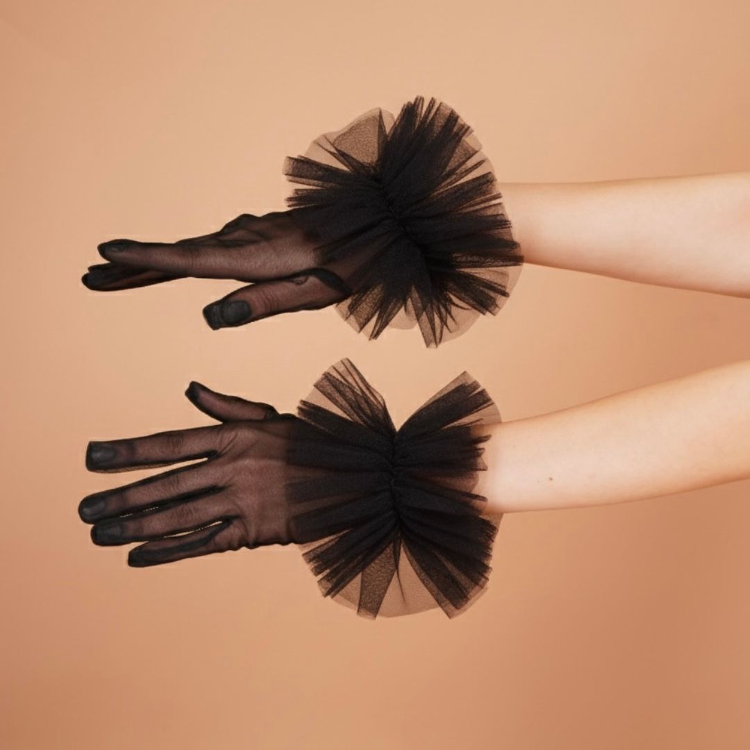 Oleander Gloves - Black Ruffled Tulle Gloves for Women