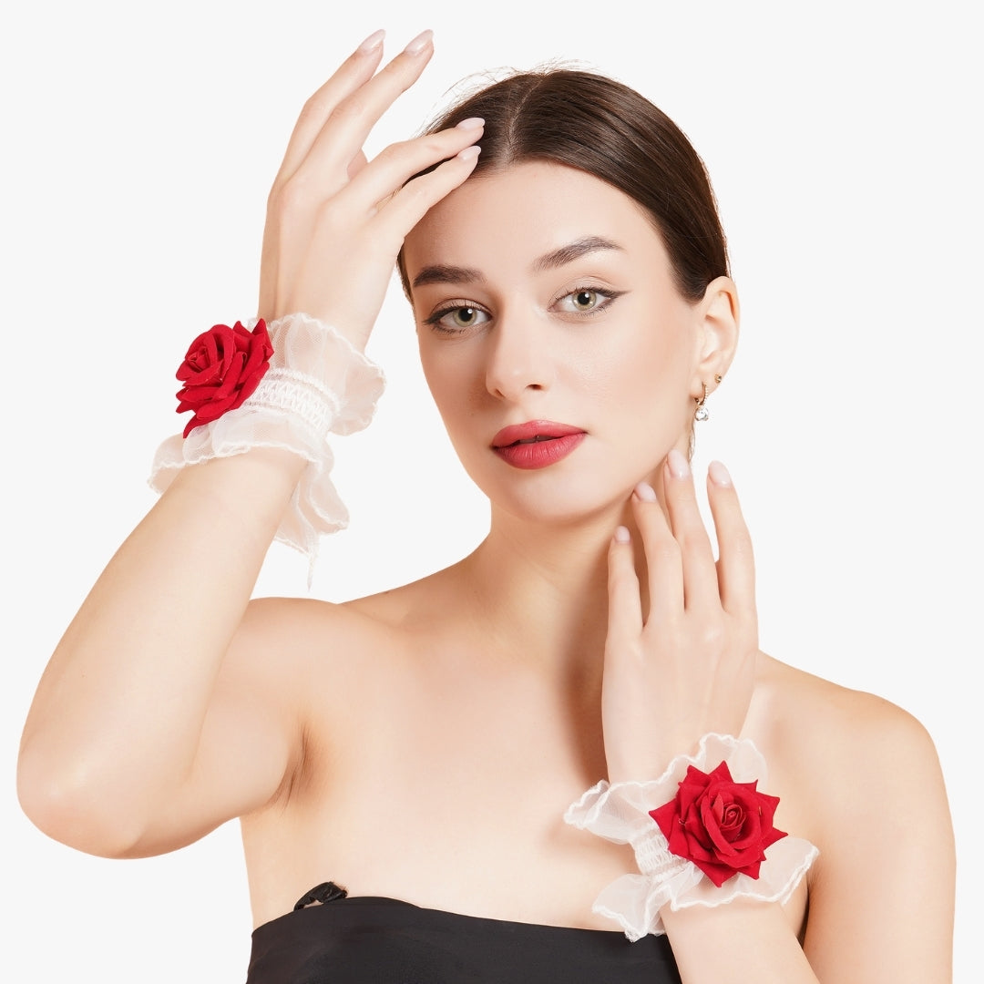 Totka Bridal & Bridesmaid Flower Bracelet Red Rose Wristlet with White Lace Ruffles; Elegant Artificial Flower Bracelet for Weddings, Bridesmaids, and Haldi-Mehndi event.