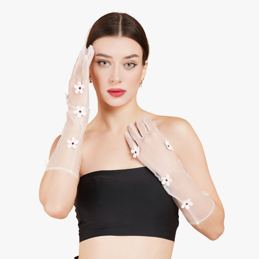 Snow Drop Gloves - White Floral Tulle Gloves