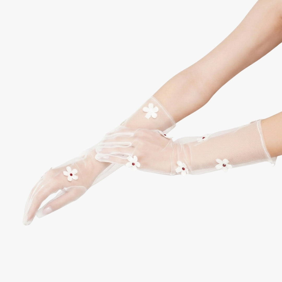Snow Drop Gloves - White Floral Tulle Gloves