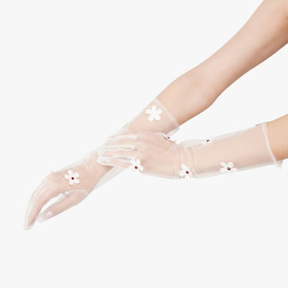 Snow Drop Gloves - White Floral Tulle Gloves