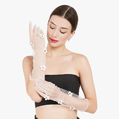 Snow Drop Gloves - White Floral Tulle Gloves