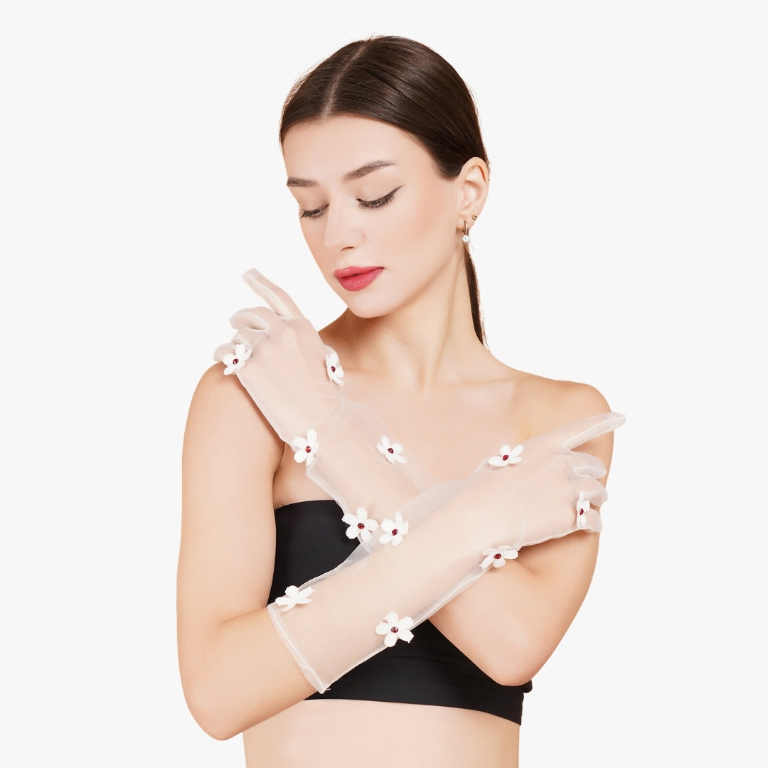 Snow Drop Gloves - White Floral Tulle Gloves
