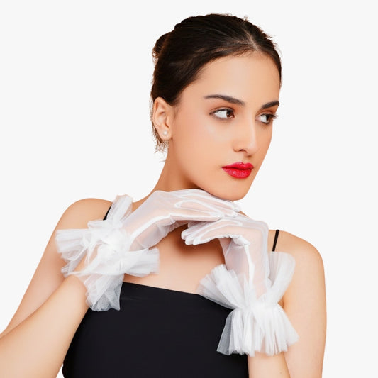 Magnolia Gloves - White Ruffled Tulle Gloves