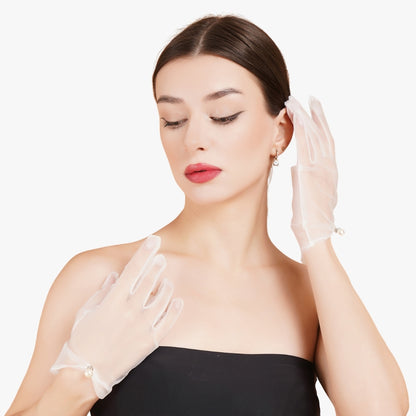 Totka white sheer net gloves for engagement photoshoots - Old Money aesthetic bridal accessory.