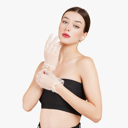 Totka minimalist white net gloves with pearls for birthdays, red carpet and modern Indian brides.