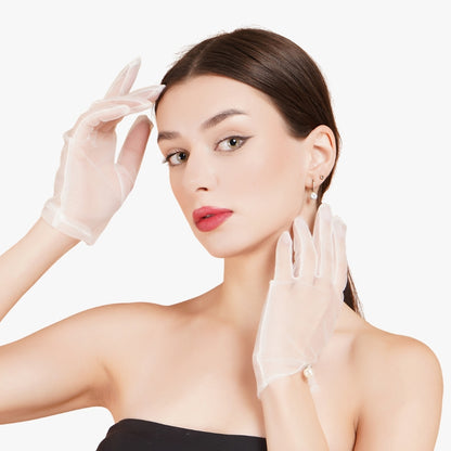 Totka white sheer dress gloves with pearl button - luxury hosiery and bridal hand jewelry India.