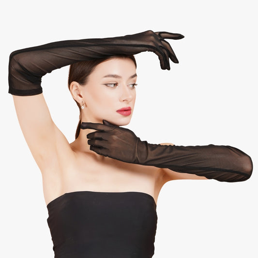 Totka black sheer mesh opera gloves for women - perfect for evening gowns and cocktail parties.