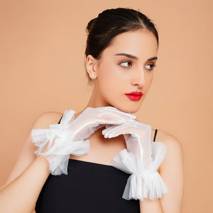 Magnolia Gloves - White Ruffled Tulle Gloves for Ladies