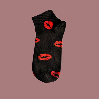 Sinner’s Kiss Socks - Black Socks with Red Lips for Women