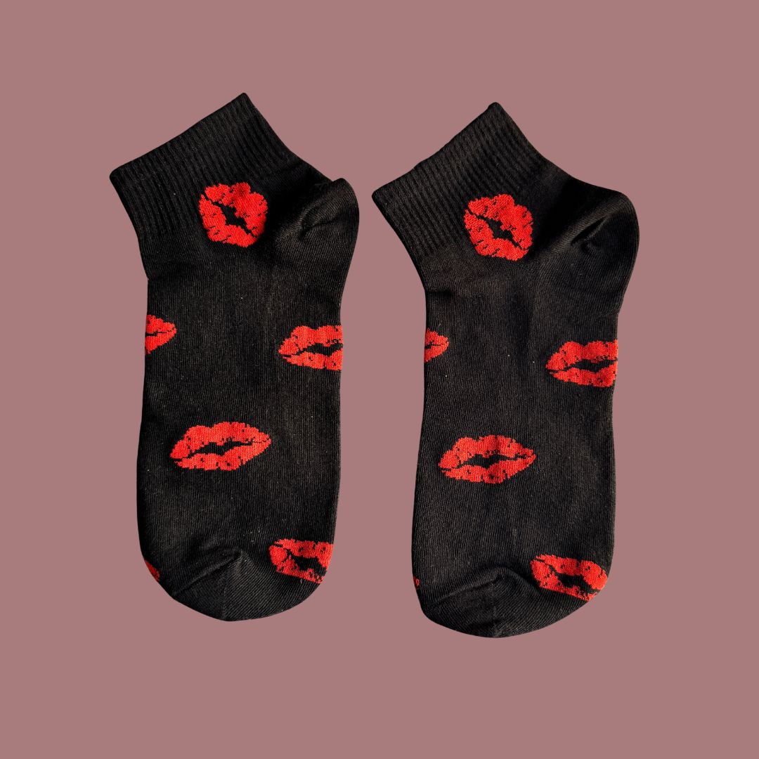 Sinner’s Kiss Socks - Black Socks with Red Lips for Women