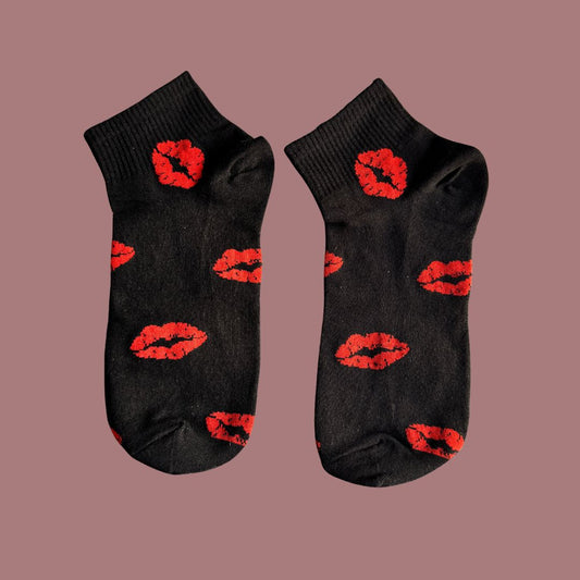 Sinner’s Kiss Socks - Black Socks with Red Lips for Women