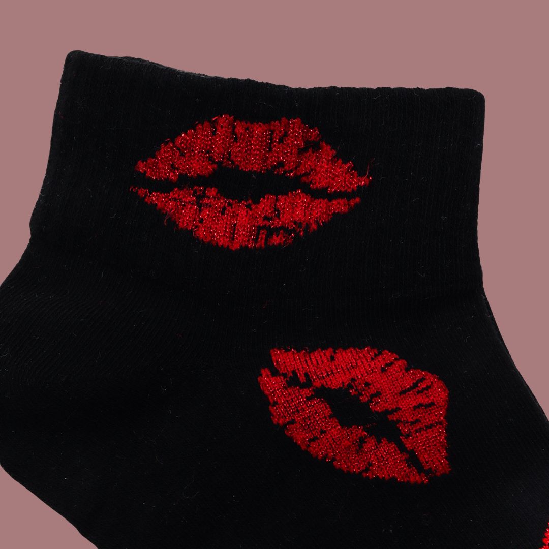 Sinner’s Kiss Socks - Black Socks with Red Lips for Women