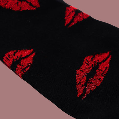 Sinner’s Kiss Socks - Black Socks with Red Lips for Women