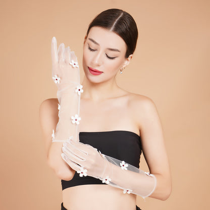 Snow Drop Gloves - White Floral Tulle Gloves for Ladies