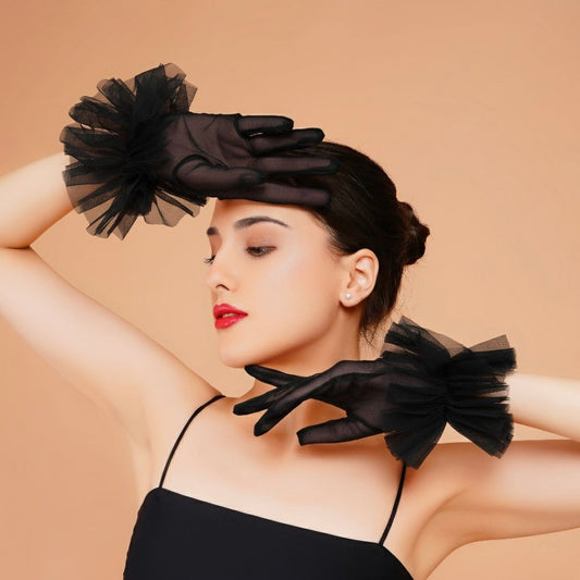 Oleander Gloves - Black Ruffled Tulle Gloves for Women