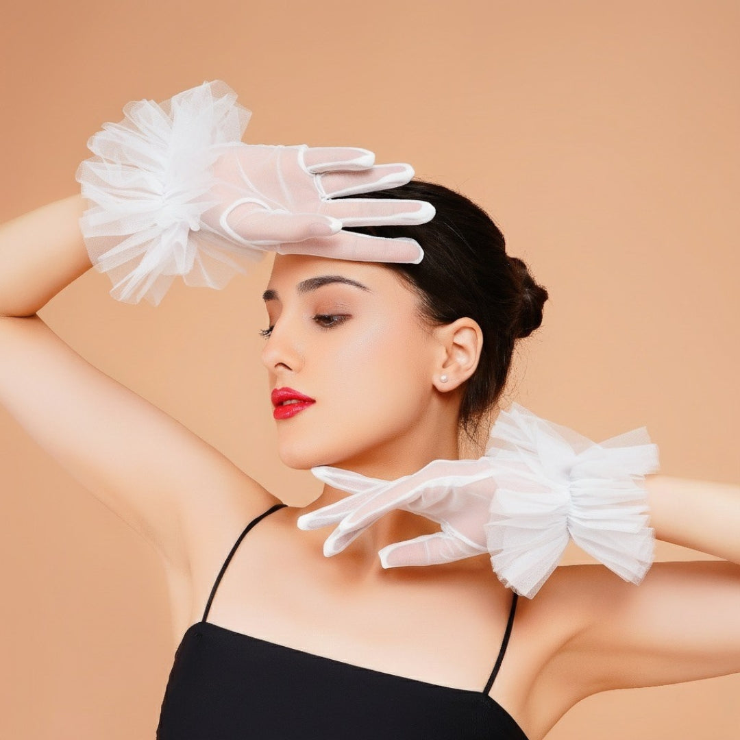 Magnolia Gloves - White Ruffled Tulle Gloves for Ladies