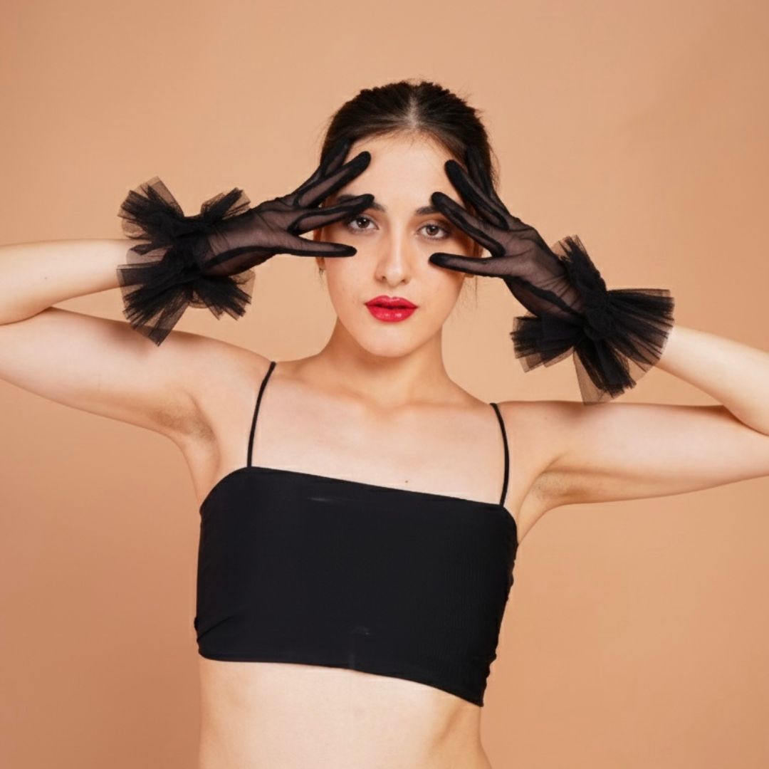 Oleander Gloves - Black Ruffled Tulle Gloves for Women