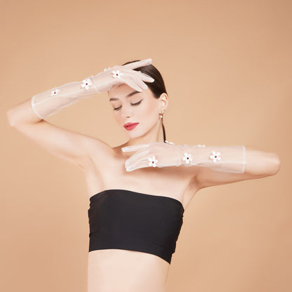 Snow Drop Gloves - White Floral Tulle Gloves for Ladies