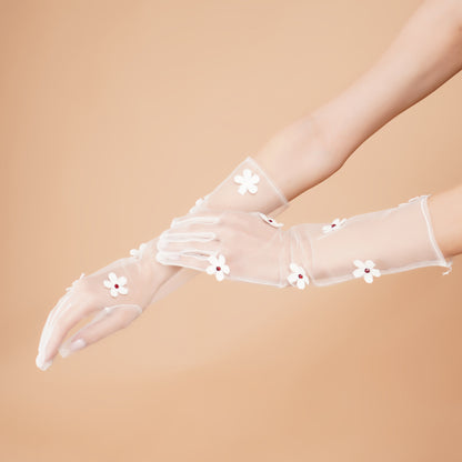 Snow Drop Gloves - White Floral Tulle Gloves for Ladies