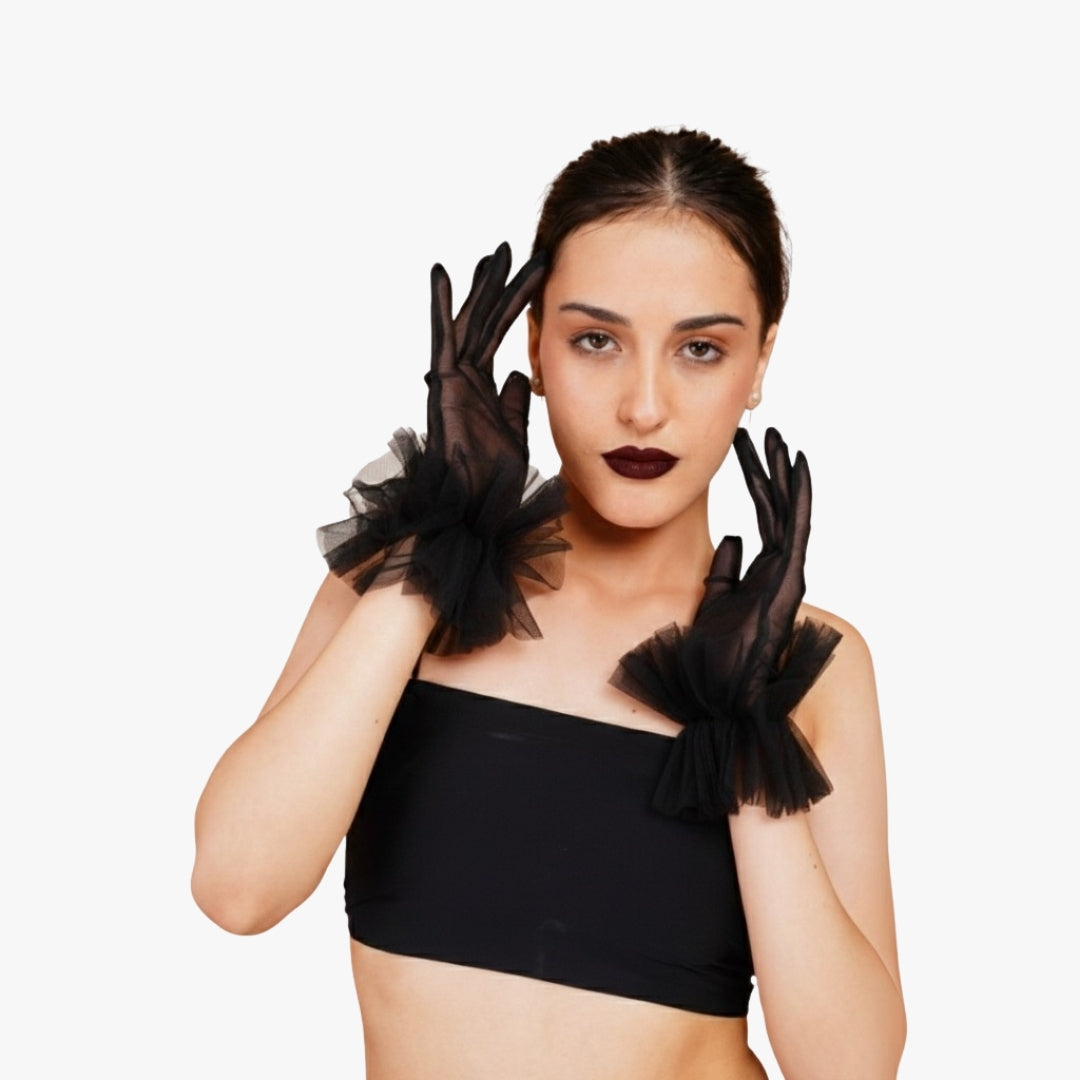  Totka short black mesh evening gloves with gathered net wrists