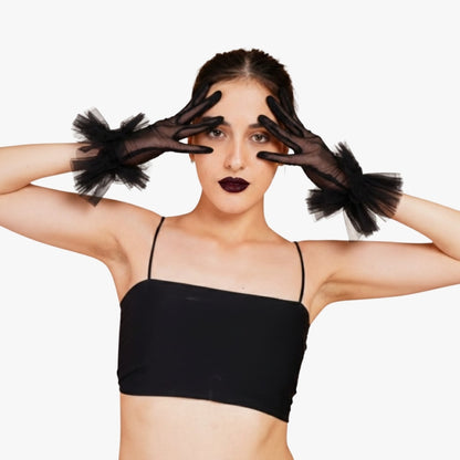 Model wearing black transparent party wear gloves with frills by Totka