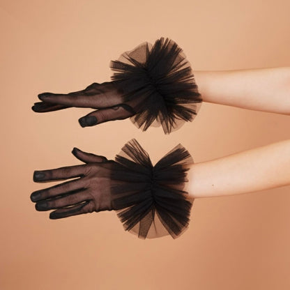 Oleander Gloves - Black Ruffled Tulle Gloves for Women