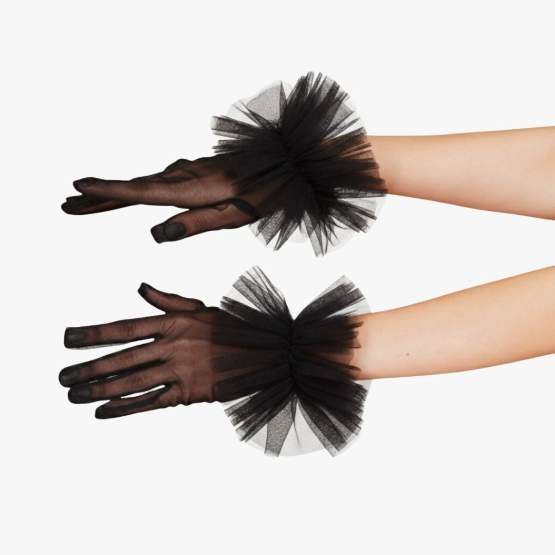 Close-up of sheer black net ruffle gloves for women by totka