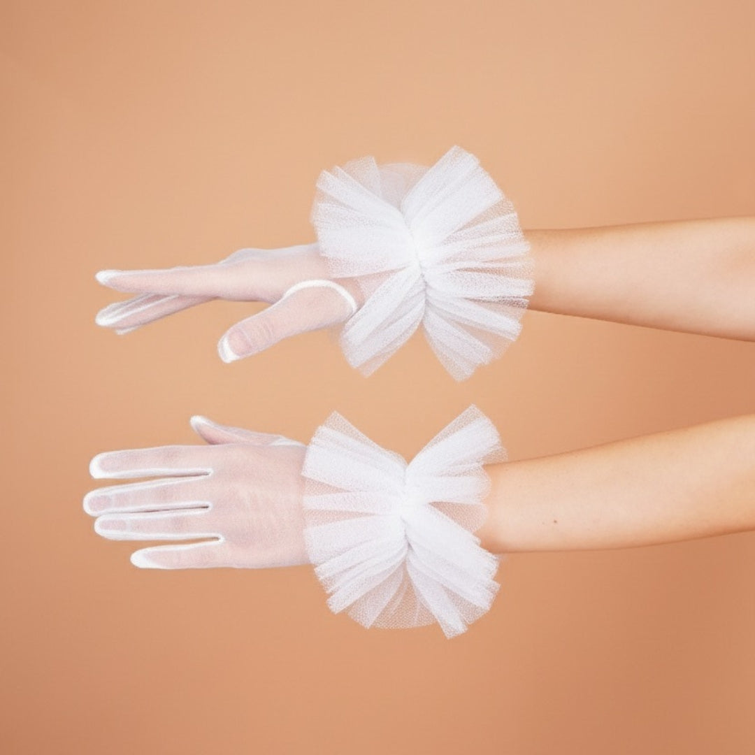 Magnolia Gloves - White Ruffled Tulle Gloves for Ladies