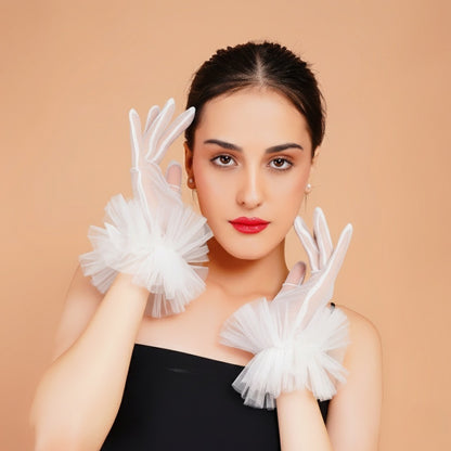Magnolia Gloves - White Ruffled Tulle Gloves for Ladies