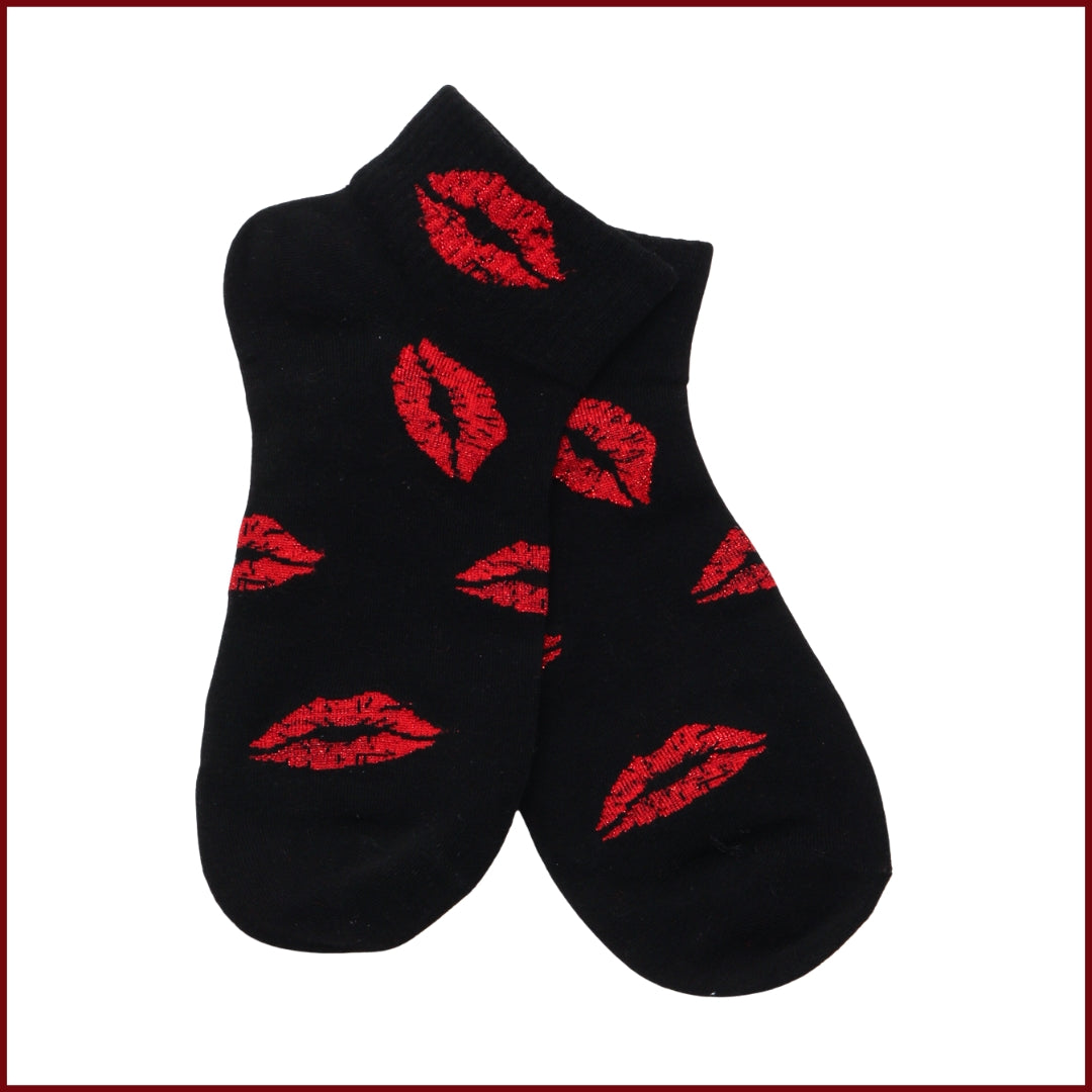 Sinner’s Kiss Socks - Black Socks with Red Lips for Women