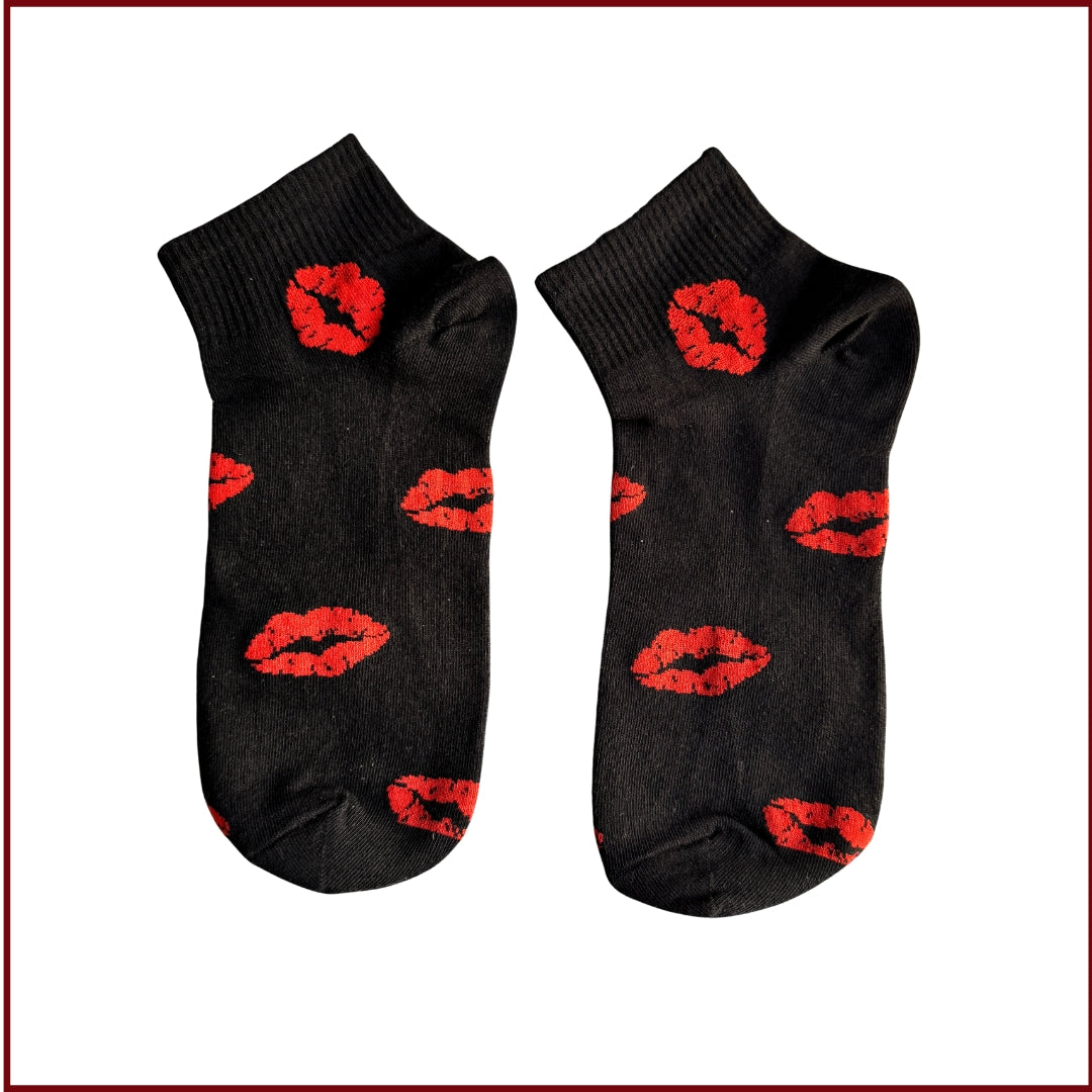 Sinner’s Kiss Socks - Black Socks with Red Lips for Women