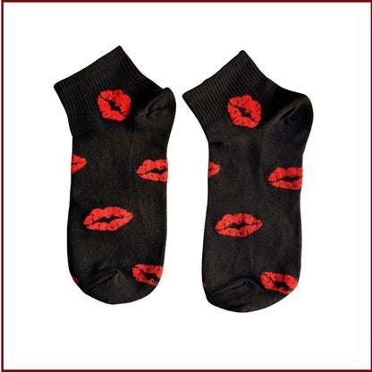Sinner’s Kiss Socks - Black Socks with Red Lips for Women