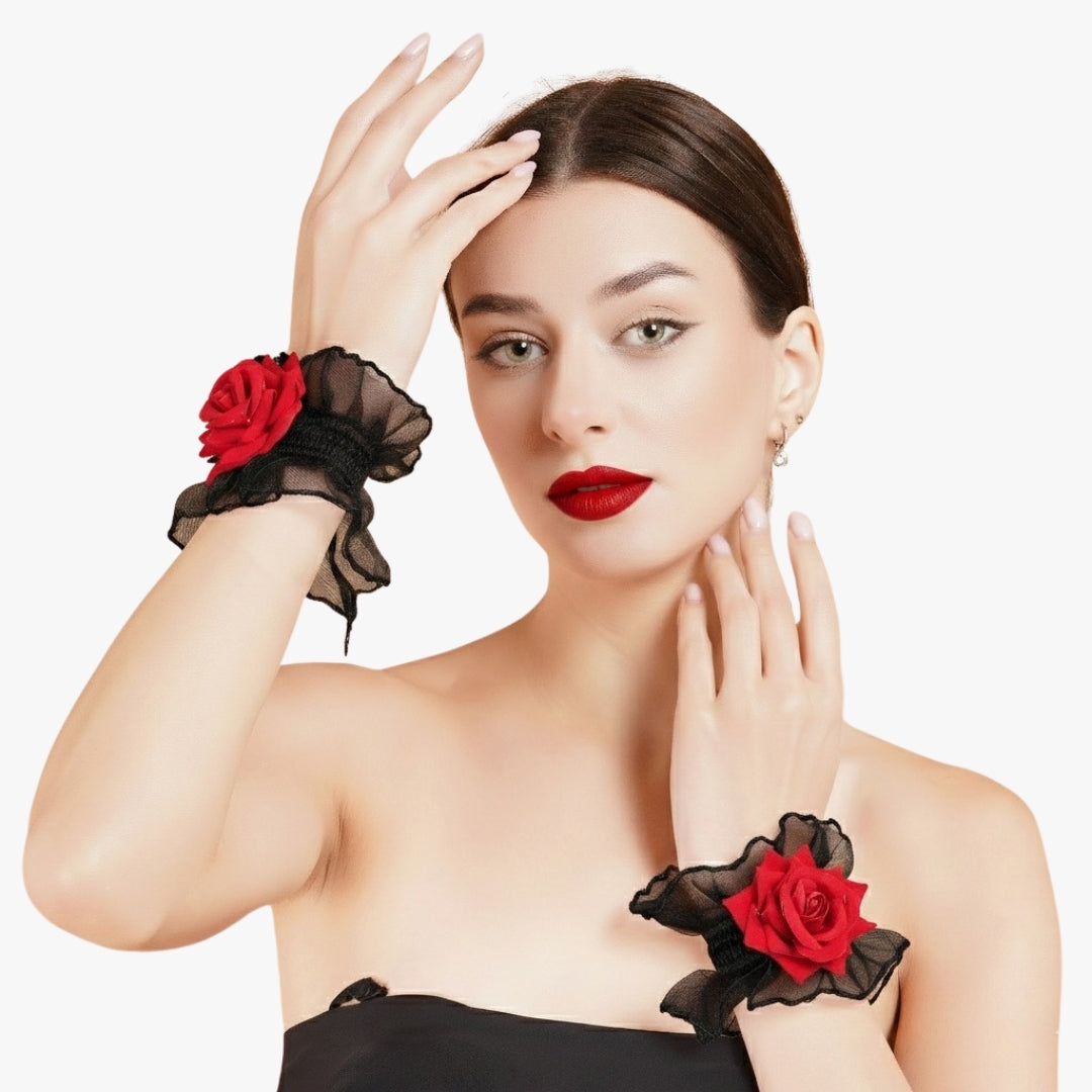 Totka red rose floral wrist corsage with black organza ruffles; elegant hand flower accessory for bridesmaids and cocktail parties.