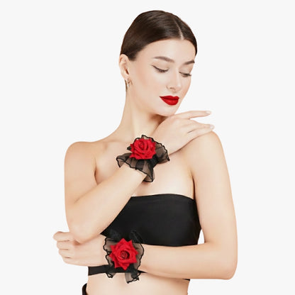 Totka Red Rose Bridesmaid Flower Bracelet with Black Ruffled Organza; Indo-Western Floral Haath Phool for Haldi, Sangeet, and Cocktail Parties.