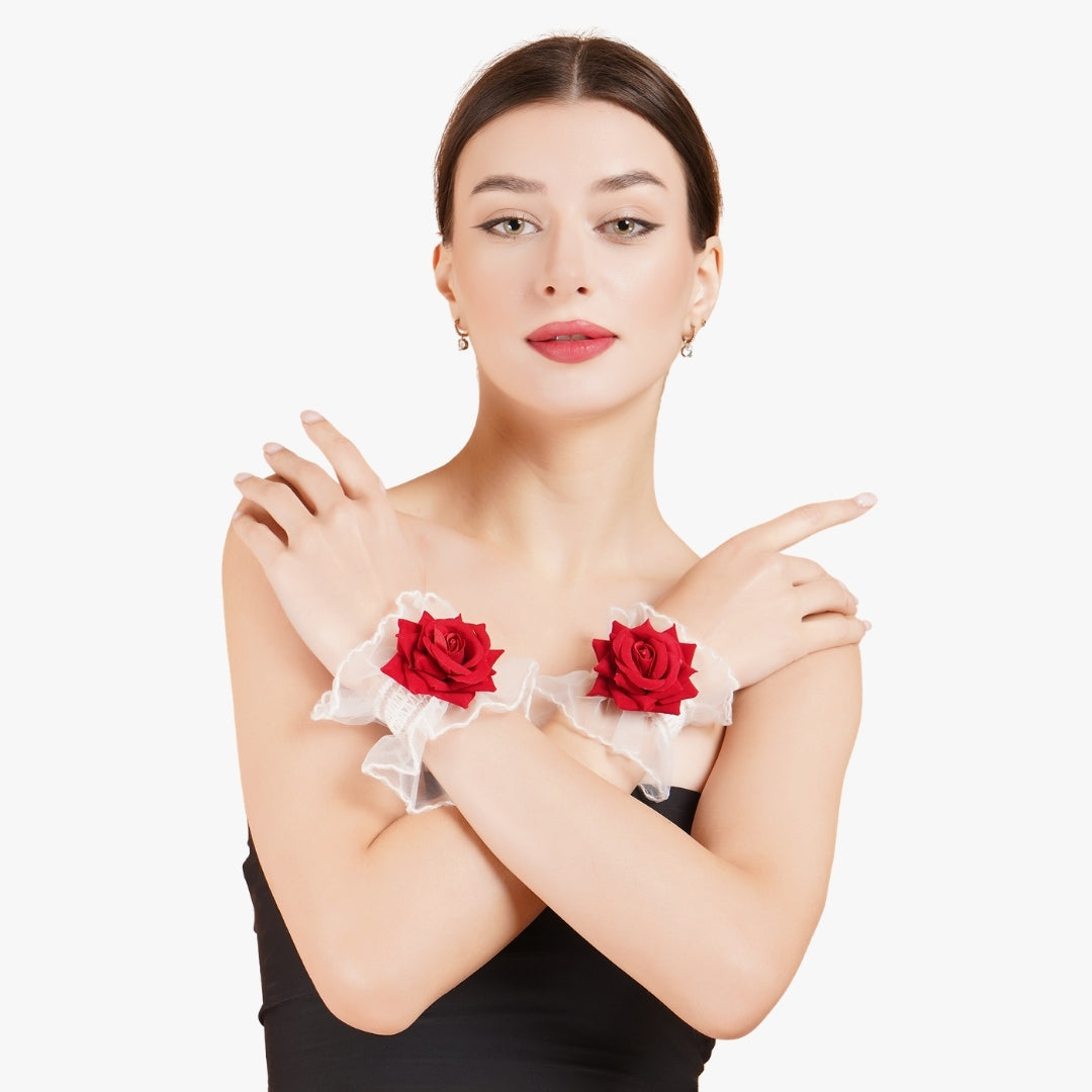 otka red rose floral wrist corsage with white organza lace; delicate bridal hand accessory for Christian weddings and Mehendi.