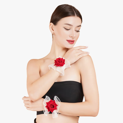 Model showcasing Totka white ruffle wristlets with red fabric roses; elegant floral jewelry for bridesmaids and festive occasions.