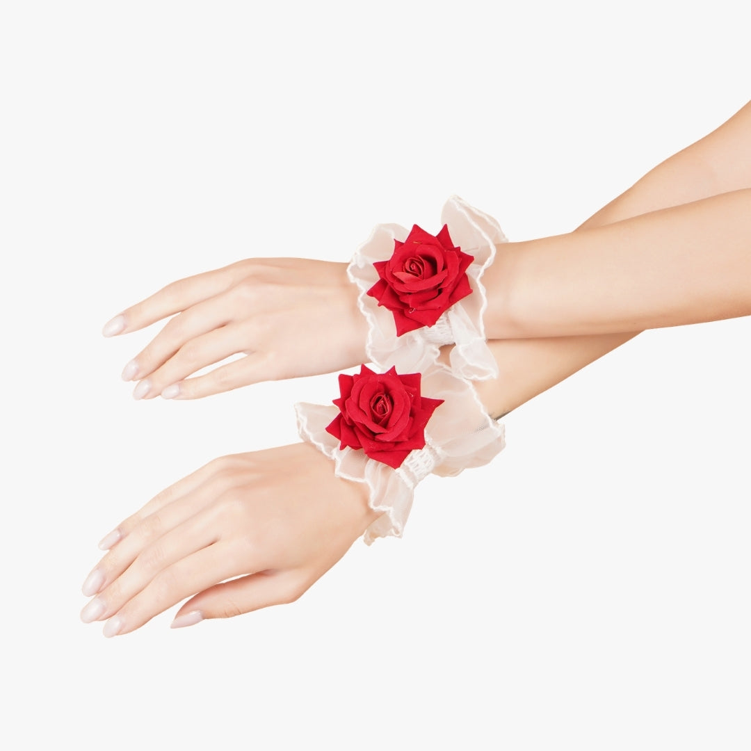 Detail shot of Totka pair of white organza red rose wristlets; lightweight floral Haath Phool for traditional and modern celebrations.
