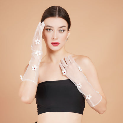 Snow Drop Gloves - White Floral Tulle Gloves for Ladies