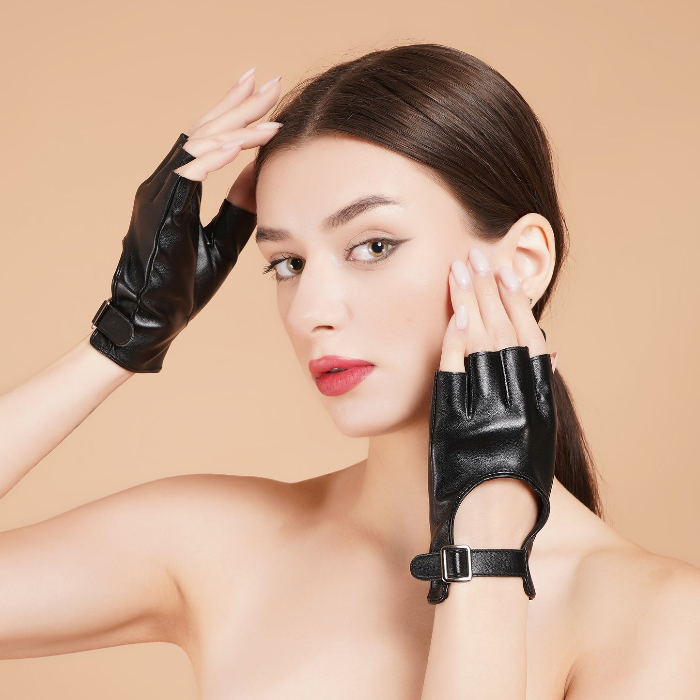 Viola Gloves - Adjustable Wrist Black Faux Leather Gloves