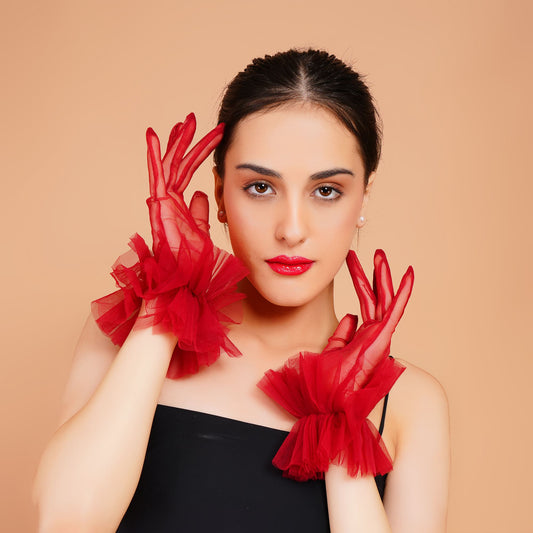 Scarlet Gloves - Red Ruffled Tulle Gloves for Ladies