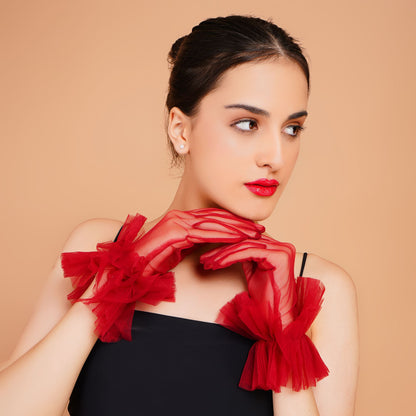 Scarlet Gloves - Red Ruffled Tulle Gloves for Ladies