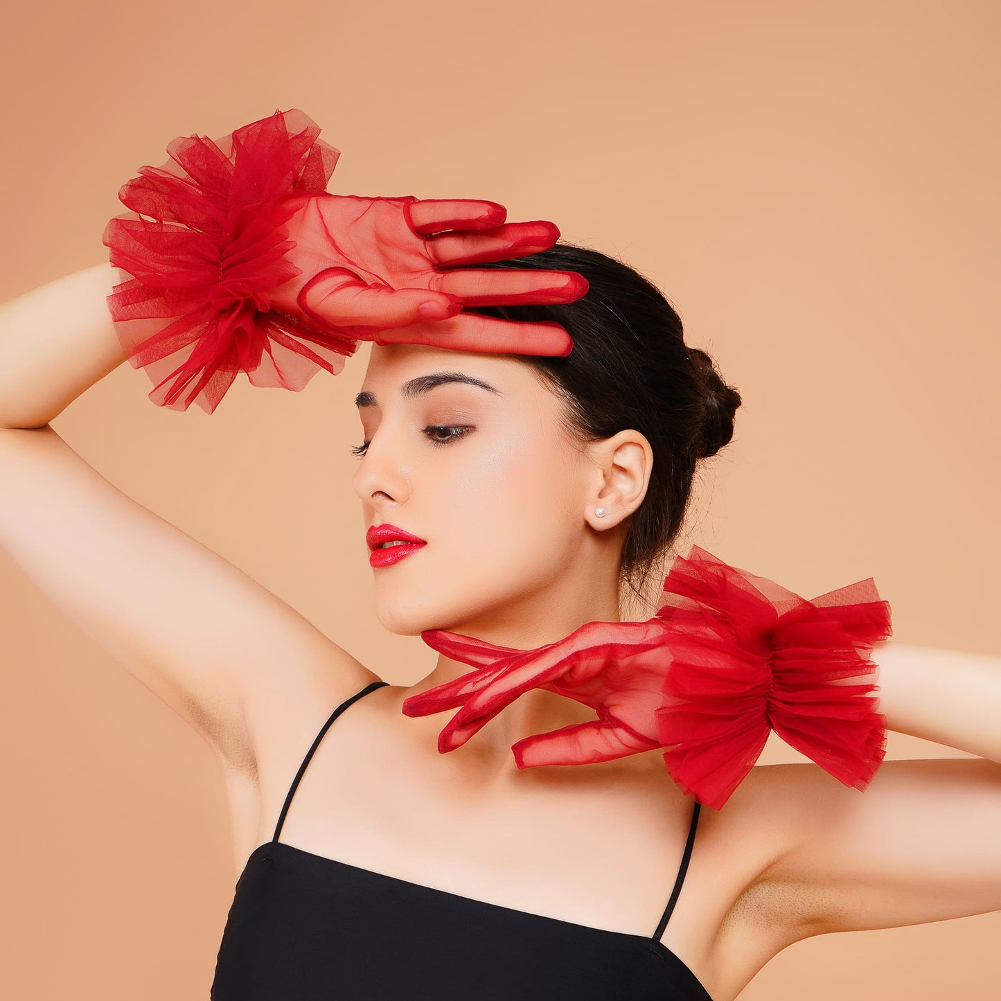 Scarlet Gloves - Red Ruffled Tulle Gloves for Ladies