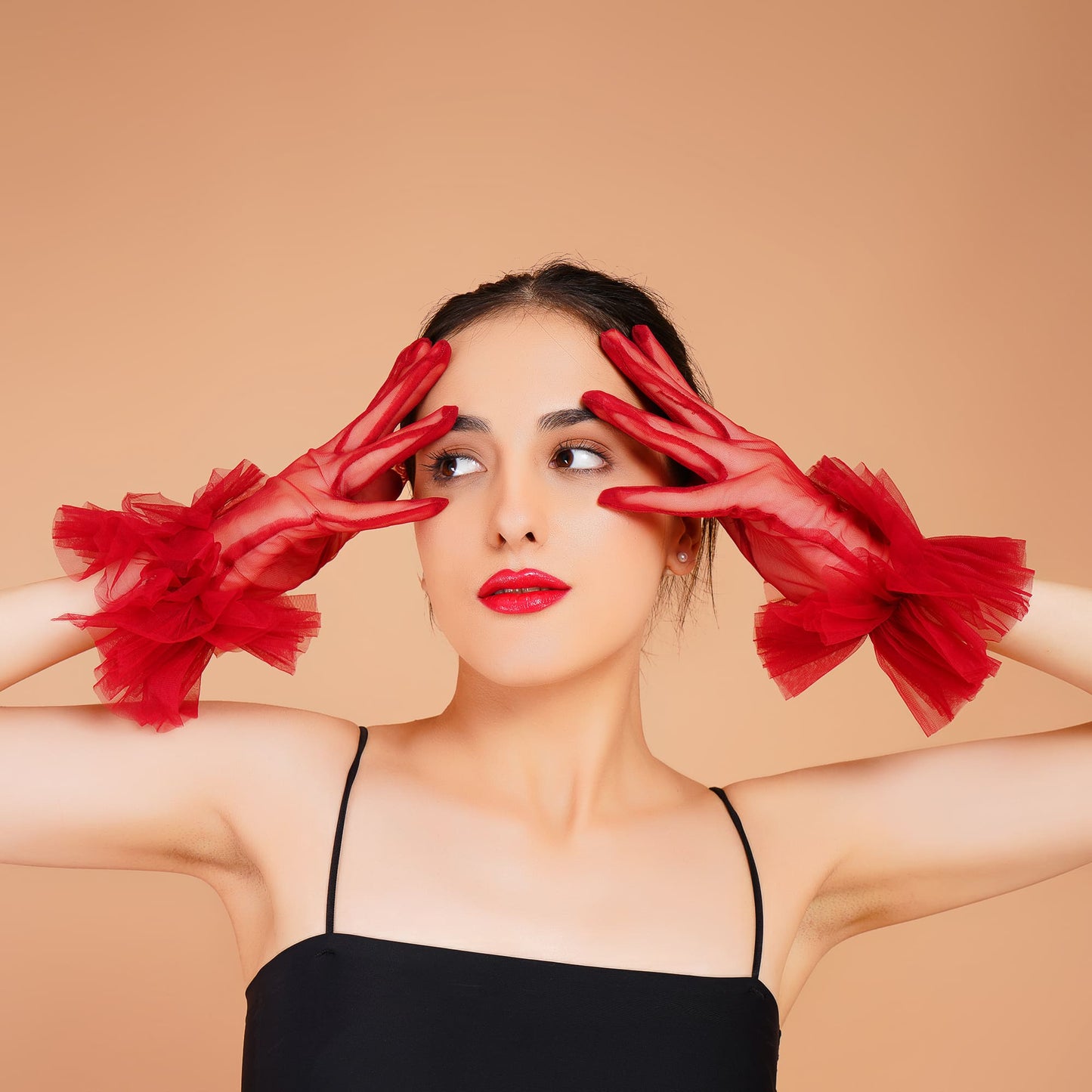 Scarlet Gloves - Red Ruffled Tulle Gloves for Ladies