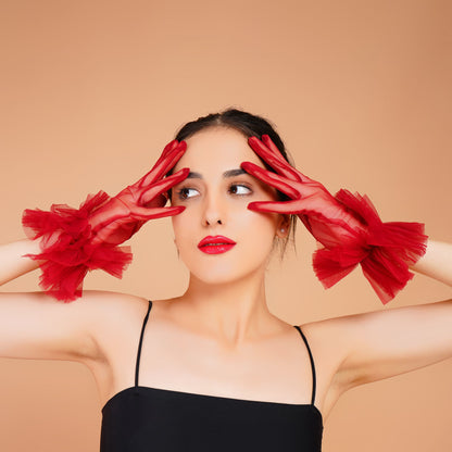 Scarlet Gloves - Red Ruffled Tulle Gloves for Ladies