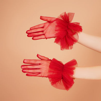 Scarlet Gloves - Red Ruffled Tulle Gloves for Ladies