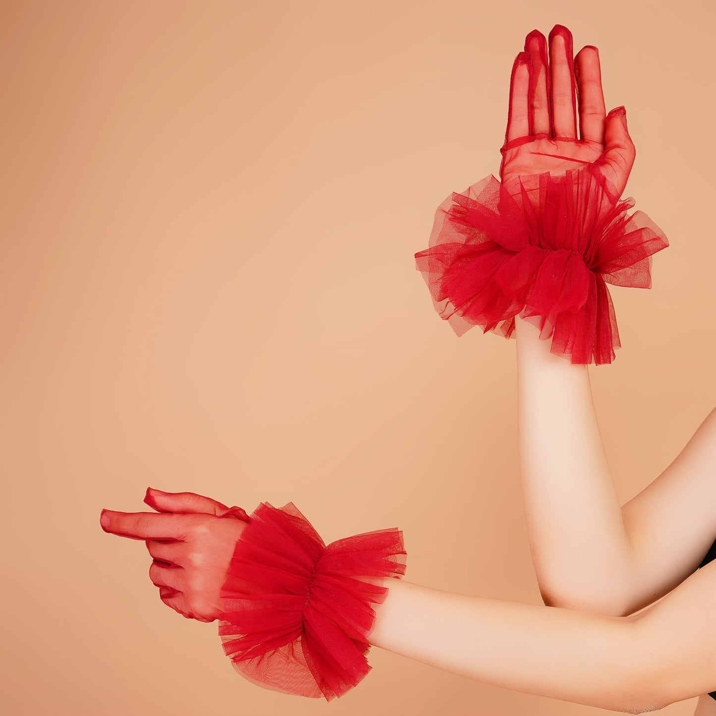 Scarlet Gloves - Red Ruffled Tulle Gloves for Ladies