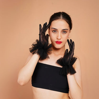 Oleander Gloves - Black Ruffled Tulle Gloves for Women